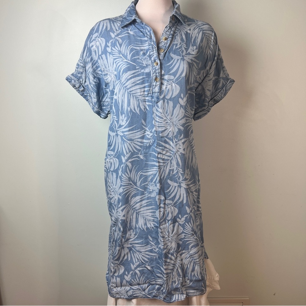 Chico’s Blue Tropical Leaf Lyocell Shirt Dress Resort Vacation Tunic Size 3 = XL